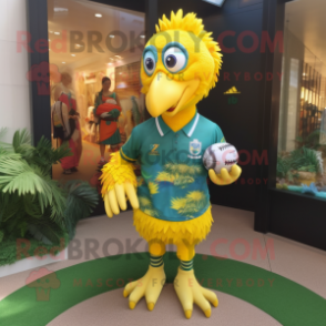 Yellow Peacock mascot costume character dressed with a Rugby Shirt and Anklets