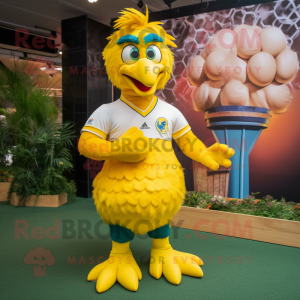 Yellow Peacock mascot costume character dressed with a Rugby Shirt and Anklets