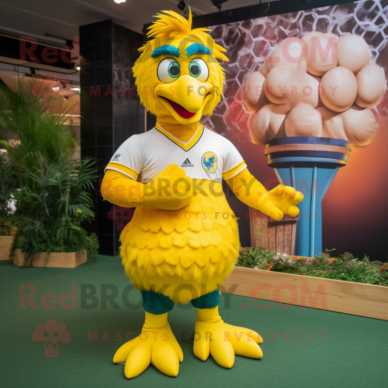 Yellow Peacock mascot costume character dressed with a Rugby Shirt and Anklets Yellow Peacock mascot costume character dressed with a Rugby Shirt and Anklets