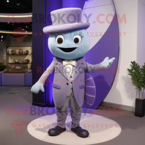 Lavender Plate Spinner mascot costume character dressed with a Suit Pants and Scarves