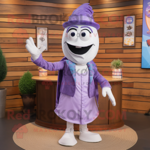Lavender Plate Spinner mascot costume character dressed with a Suit Pants and Scarves