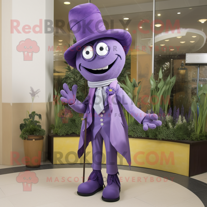 Lavender Plate Spinner mascot costume character dressed with a Suit Pants and Scarves Lavender Plate Spinner mascot costume character dressed with a Suit Pants and Scarves