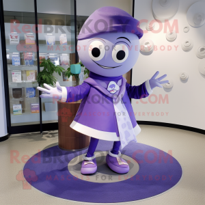 Lavender Plate Spinner mascot costume character dressed with a Suit Pants and Scarves
