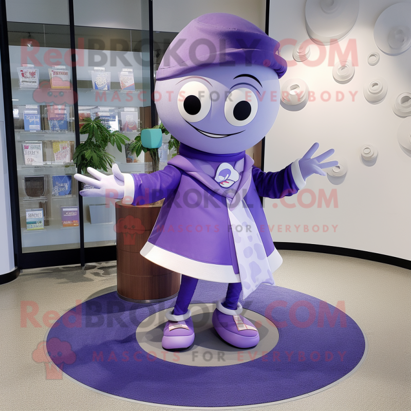 Lavender Plate Spinner mascot costume character dressed with a Suit Pants and Scarves Lavender Plate Spinner mascot costume character dressed with a Suit Pants and Scarves