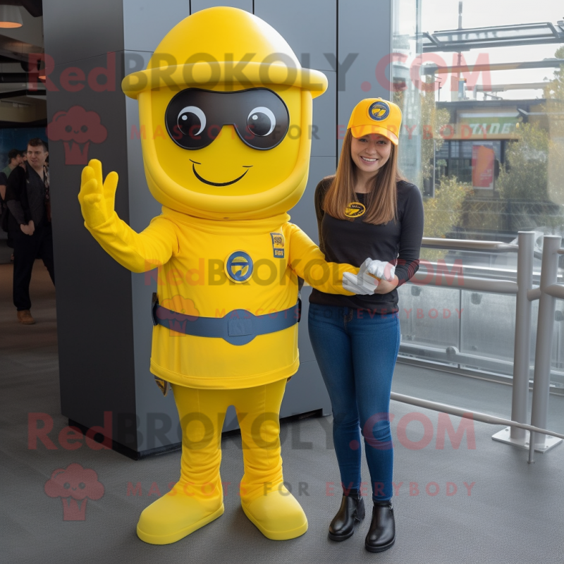 Yellow Spartan Soldier mascot costume character dressed with a Mom Jeans and Hats Yellow Spartan Soldier mascot costume character dressed with a Mom Jeans and Hats