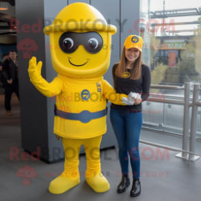 Yellow Spartan Soldier mascot costume character dressed with a Mom Jeans and Hats