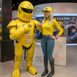 Yellow Spartan Soldier mascot costume character dressed with a Mom Jeans and Hats