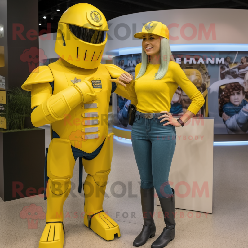 Yellow Spartan Soldier mascot costume character dressed with a Mom Jeans and Hats Yellow Spartan Soldier mascot costume character dressed with a Mom Jeans and Hats