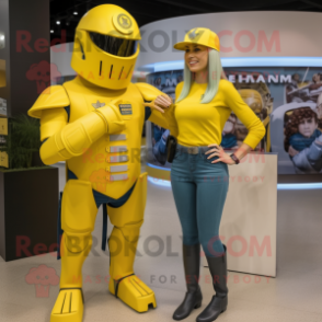 Yellow Spartan Soldier mascot costume character dressed with a Mom Jeans and Hats