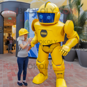 Yellow Spartan Soldier mascot costume character dressed with a Mom Jeans and Hats