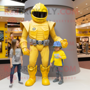 Yellow Spartan Soldier mascot costume character dressed with a Mom Jeans and Hats