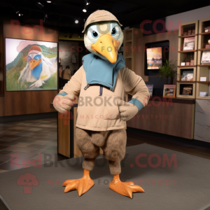 Tan Dodo Bird mascot costume character dressed with a Sweatshirt and Suspenders