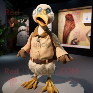 Tan Dodo Bird mascot costume character dressed with a Sweatshirt and Suspenders