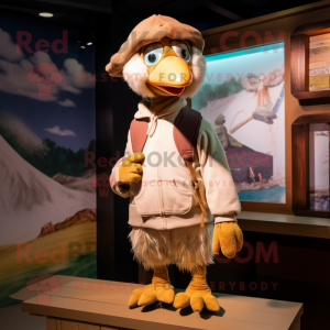 Tan Dodo Bird mascot costume character dressed with a Sweatshirt and Suspenders