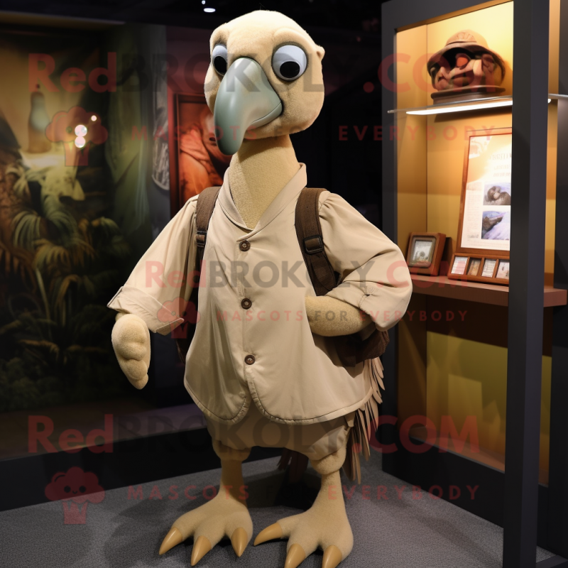 Tan Dodo Bird mascot costume character dressed with a Sweatshirt and Suspenders