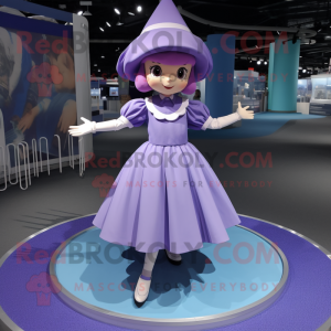 Lavender Trapeze Artist mascot costume character dressed with a Circle Skirt and Caps