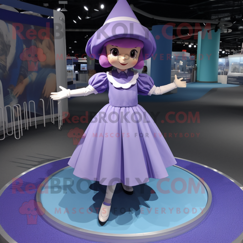 Lavender Trapeze Artist mascot costume character dressed with a Circle Skirt and Caps