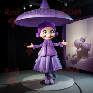 Lavender Trapeze Artist mascot costume character dressed with a Circle Skirt and Caps