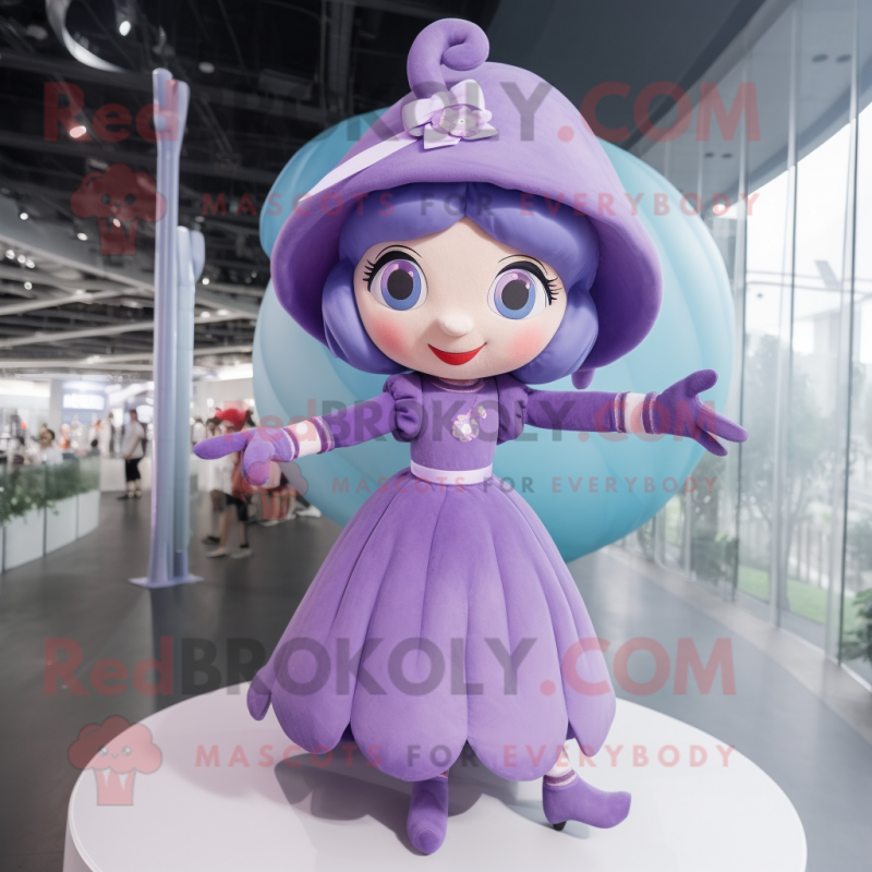 Lavender Trapeze Artist mascot costume character dressed with a Circle Skirt and Caps