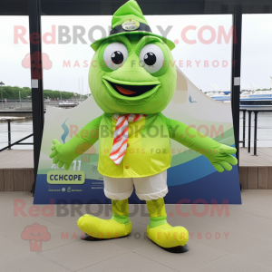 Lime Green Ceviche mascot costume character dressed with a Oxford Shirt and Shoe laces