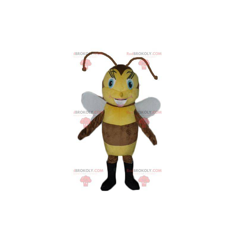 Mascota de abeja marrón y amarilla coqueta y femenina -