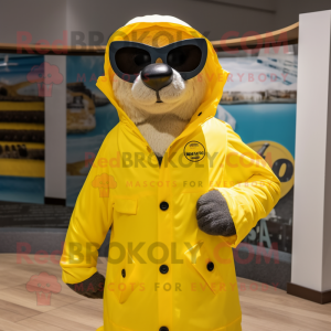 Yellow Seal mascot costume character dressed with a Windbreaker and Sunglasses