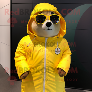 Yellow Seal mascot costume character dressed with a Windbreaker and Sunglasses