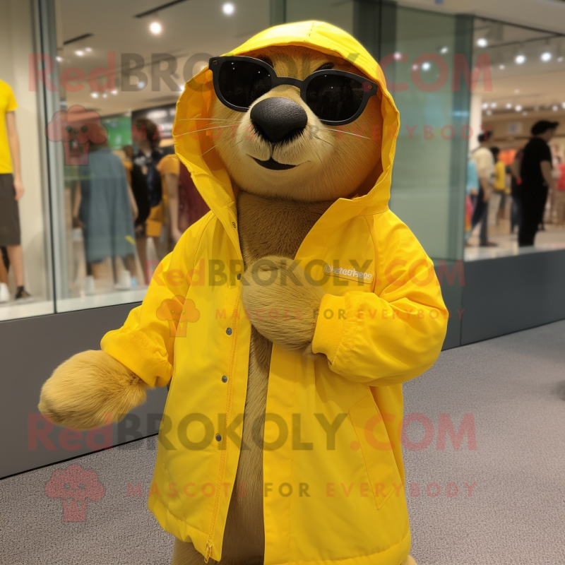 Yellow Seal mascot costume character dressed with a Windbreaker and Sunglasses