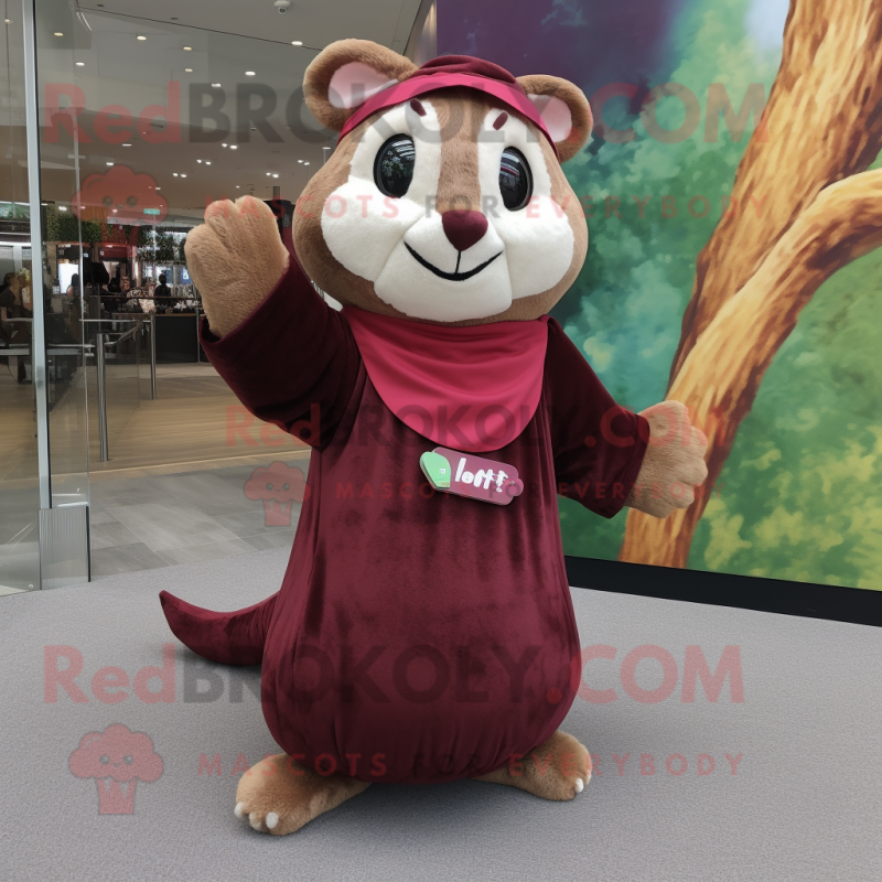 Maroon Flying Squirrel mascot costume character dressed with a Maxi Dress and Beanies