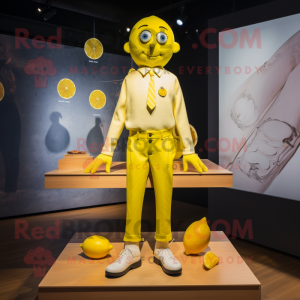 Lemon Yellow Trapeze Artist mascot costume character dressed with a Oxford Shirt and Brooches
