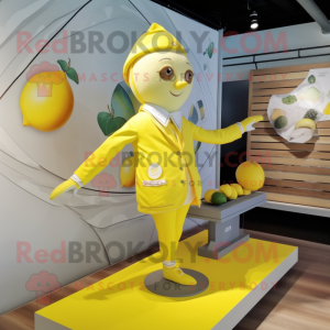 Lemon Yellow Trapeze Artist mascot costume character dressed with a Oxford Shirt and Brooches