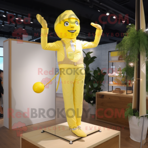 Lemon Yellow Trapeze Artist mascot costume character dressed with a Oxford Shirt and Brooches