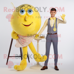 Lemon Yellow Trapeze Artist mascot costume character dressed with a Oxford Shirt and Brooches