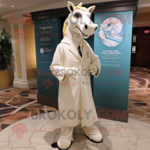 Cream Mare mascot costume character dressed with a Suit Pants and Shawl pins