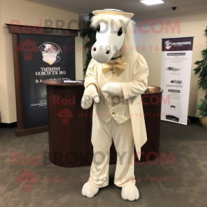 Cream Mare mascot costume character dressed with a Suit Pants and Shawl pins