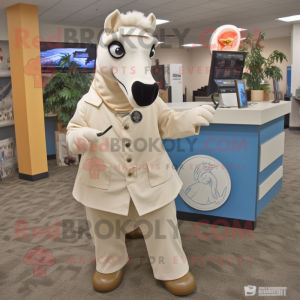 Cream Mare mascot costume character dressed with a Suit Pants and Shawl pins