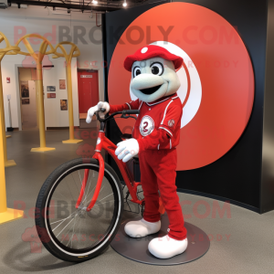 Red Unicyclist mascot costume character dressed with a Baseball Tee and Scarves