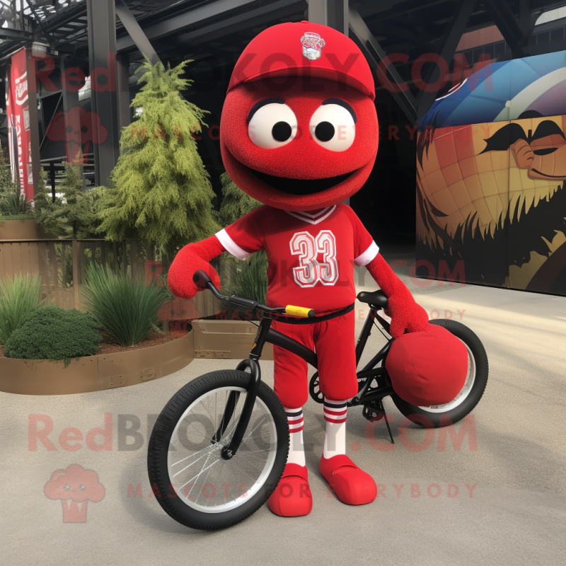 Red Unicyclist mascot costume character dressed with a Baseball Tee and Scarves Red Unicyclist mascot costume character dressed with a Baseball Tee and Scarves