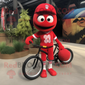 Red Unicyclist mascot costume character dressed with a Baseball Tee and Scarves