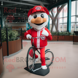 Red Unicyclist mascot costume character dressed with a Baseball Tee and Scarves