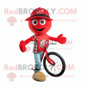 Red Unicyclist mascot costume character dressed with a Baseball Tee and Scarves