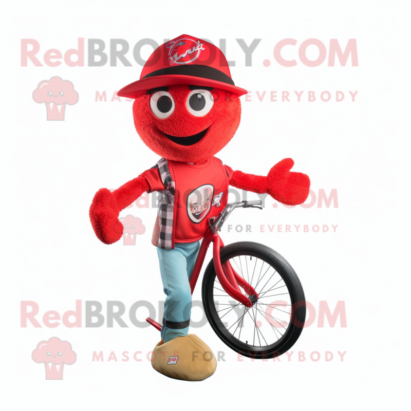 Red Unicyclist mascot costume character dressed with a Baseball Tee and Scarves Red Unicyclist mascot costume character dressed with a Baseball Tee and Scarves