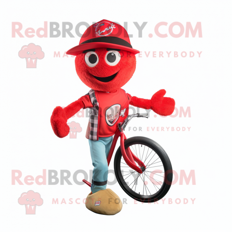 Red Unicyclist mascot costume character dressed with a Baseball Tee and Scarves