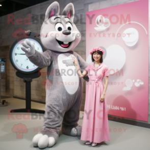 Gray Pink mascot costume character dressed with a Maxi Dress and Watches