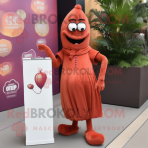 Rust Plum mascot costume character dressed with a Maxi Dress and Lapel pins