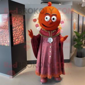 Rust Plum mascot costume character dressed with a Maxi Dress and Lapel pins