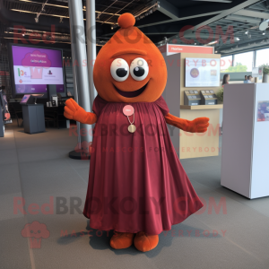 Rust Plum mascot costume character dressed with a Maxi Dress and Lapel pins
