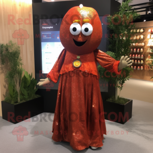 Rust Plum mascot costume character dressed with a Maxi Dress and Lapel pins