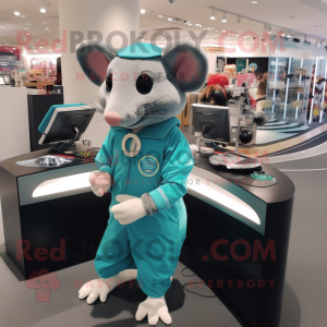 Cyan Rat mascot costume character dressed with a Blouse and Rings