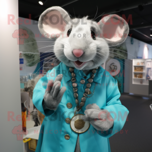 Cyan Rat mascot costume character dressed with a Blouse and Rings